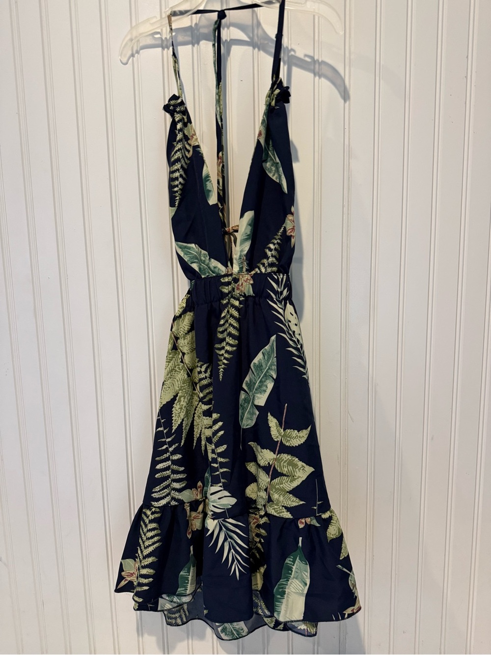 SHEIN Navy Backless Tropical Leaf Mini Dress